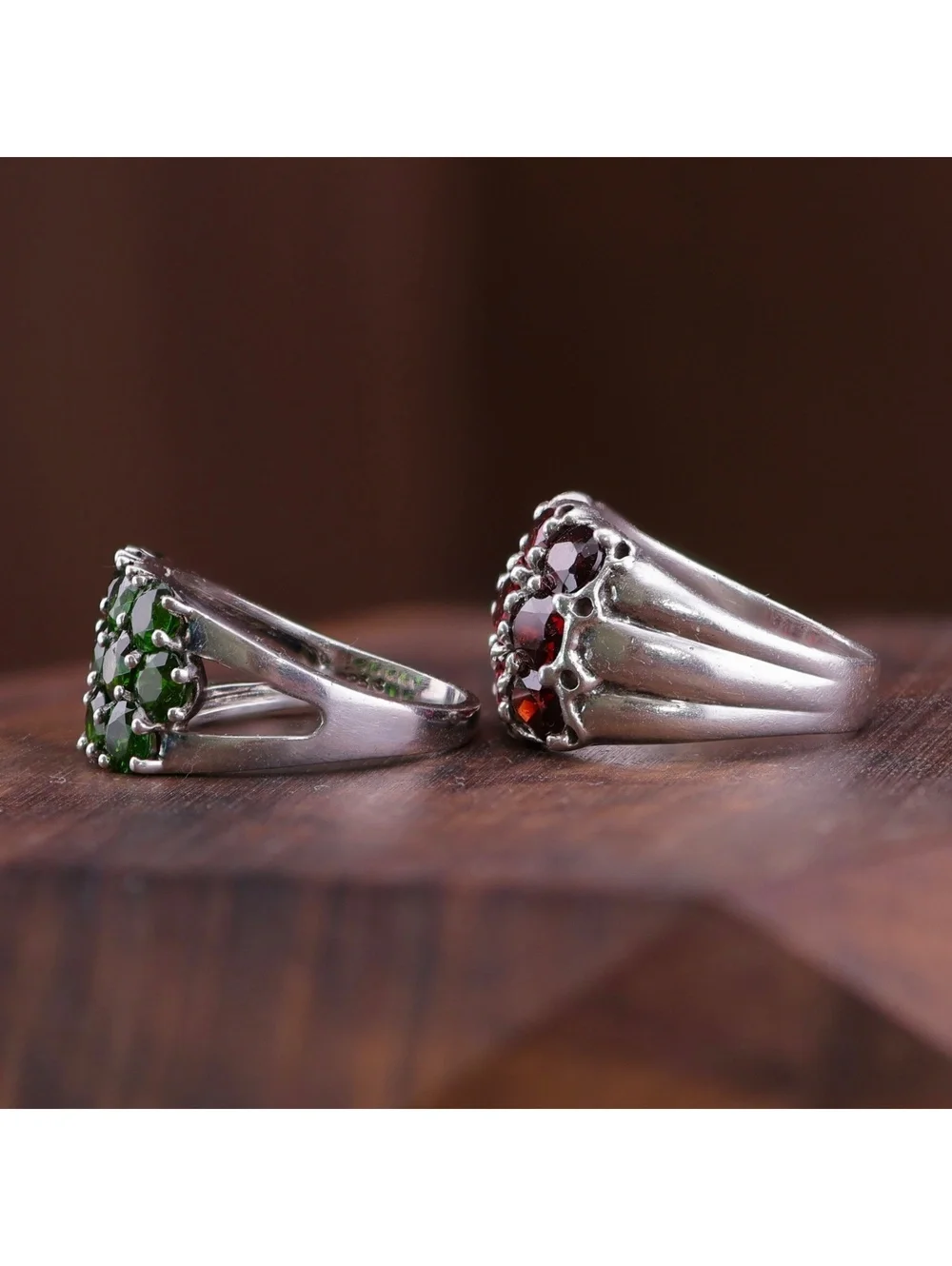 Two Sterling Cluster Statement Rings Deep Red Garnet & Forest Green Diopside 7